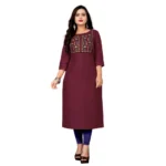Women's Cotton Embroidery Straight Kurti (Maroon)