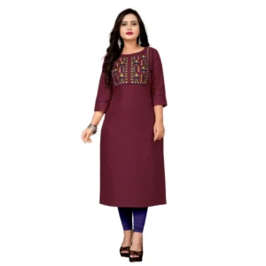 Women's Cotton Embroidery Straight Kurti (Maroon)