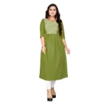 Women's Cotton Embroidery Straight Kurti (Light Green)