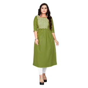 Women's Cotton Embroidery Straight Kurti (Light Green)