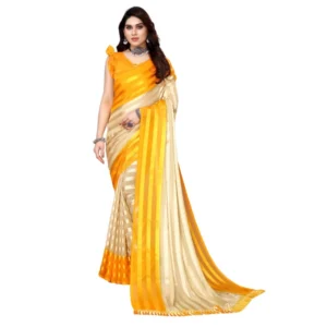 Women's Embellished Striped Bollywood Satin Saree With Blouse (Beige, Yellow)
