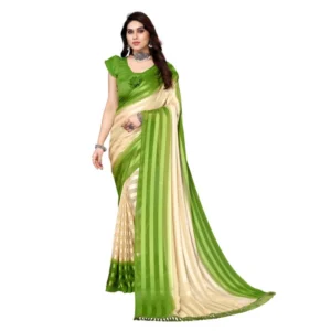 Women's Embellished Striped Bollywood Satin Saree With Blouse (Beige, Green)