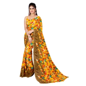 Women's Poly Georgette Printed Saree Without Blouse (Yellow)