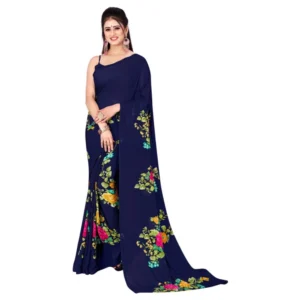 Women's Poly Georgette Printed Saree Without Blouse (Dark Blue)