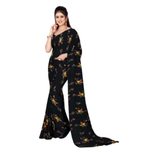 Women's Poly Georgette Printed Saree Without Blouse (Black)