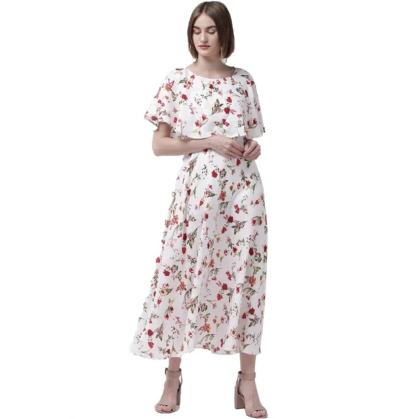 Women's Crepe Floral Half Sleeves Full Length Gown(White)