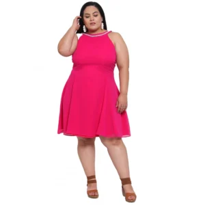 Women's Georgette Solid Knee Length Fit and Flare Dress (Pink)