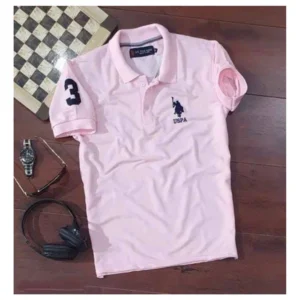 Men's Casual Half sleeve Solid Cotton Polo Neck T-shirt (Pink)