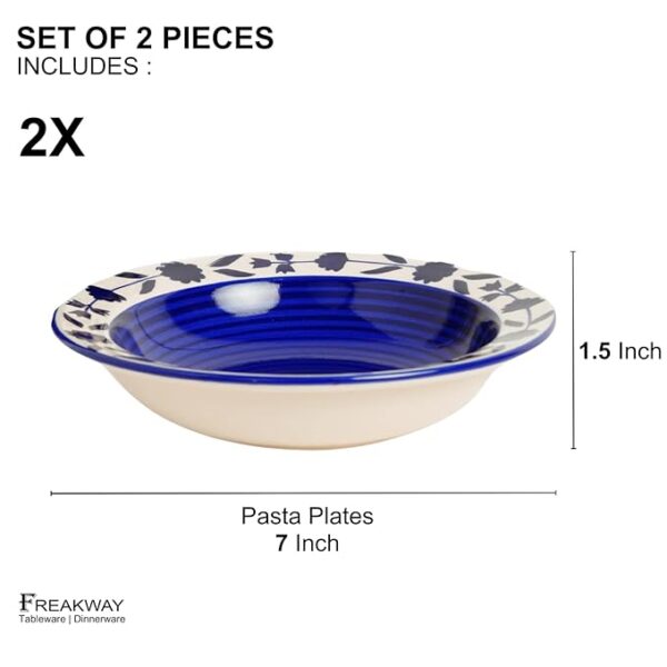 Freakway Hand-Painted Floral Blue Ceramic Pasta Plate | Snack Plate | Soup Plate Set of 2-7 Inch Microwave Oven Safe