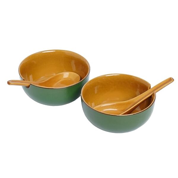 Freakway Handpainted Royal Soupy Umrao Pattern Ceramic Modern Soup Set Bowl with Spoon - (Set of 2, 350 ML, Dishwasher & Microwave Safe)