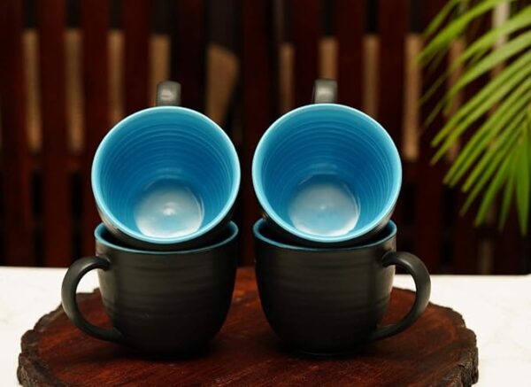 Freakway Kitchen Handmade Ceramic Soup Bowls with Spoons (Set of 2, 380 ML, Dishwasher & Microwave Safe) Black & Green-Luxuay Look
