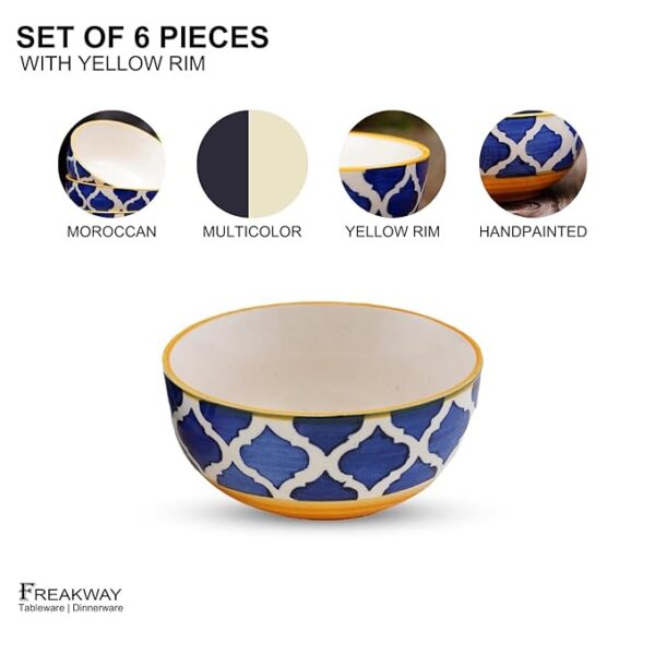 Freakway Hand-Painted Moroccan Blue & Yellow Glossy Ceramic Bowl Set of 6 (180ml) | Small Serving Soup Bowls, Cereal Bowl, Pasta Bowls | Dishwasher & Microwave Safe - Multicolor