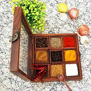 Freakway Wooden Spice Box Set For Kitchen With Container & Spoon In Sheesham Wood (9 Containers, Removable) -50 ML