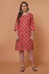 Red Short Floral Print Kurta
