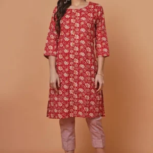 Red Short Floral Print Kurta