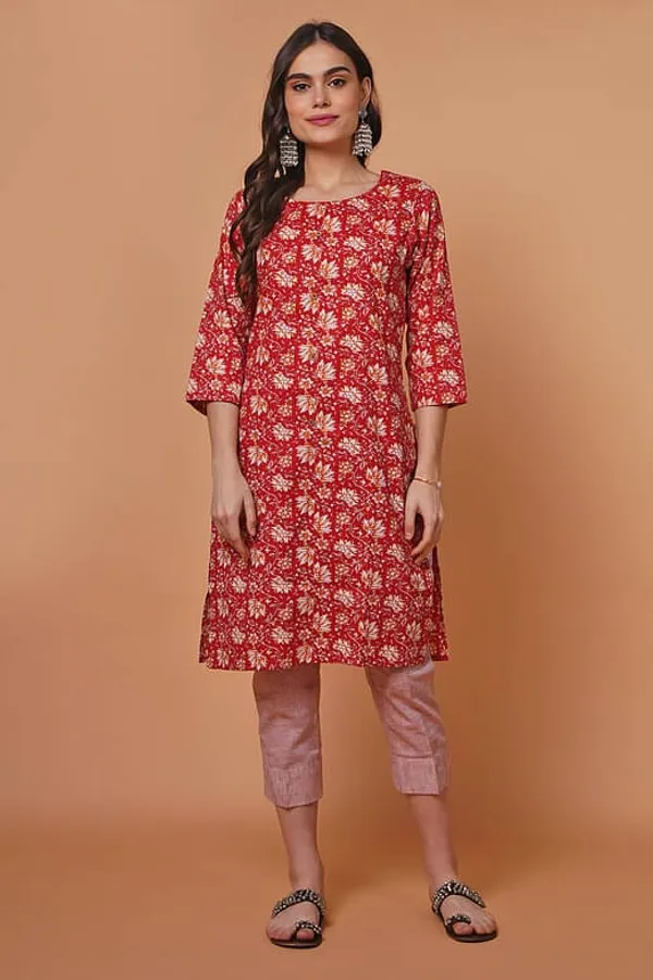 Red Short Floral Print Kurta