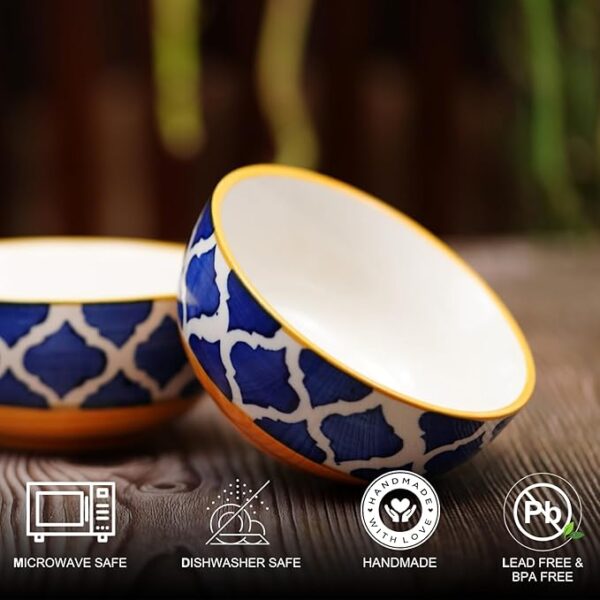 Freakway Hand-Painted Moroccan Blue & Yellow Glossy Ceramic Bowl Set of 2 (180ml) | Small Serving Soup Bowls, Cereal Bowl, Pasta Bowls | Dishwasher & Microwave Safe - Multicolor