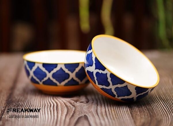 Freakway Hand-Painted Moroccan Blue & Yellow Glossy Ceramic Bowl Set of 2 (180ml) | Small Serving Soup Bowls, Cereal Bowl, Pasta Bowls | Dishwasher & Microwave Safe - Multicolor