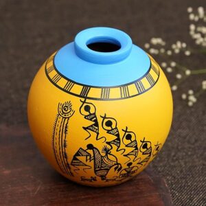 Freakway ‘Warli’ Yellow Matki Shaped Hand-Painted Terracotta Pots Vases for Home Decor | Flower Vase, Terracotta Decorative Showpiece Earthenware | Miniature Pots Artifacts for Living Room - 6 Inch