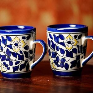 Freakway Floral Art Handcarfted Ceramic Tea Cups/Ceramic Coffee Mugs Set of 2 (250 ML, Microwave & Dishwasher Safe) - Tea Mugs Ceramic Mugs Milk Mug Coffee Cup Drinkware_Blue & White