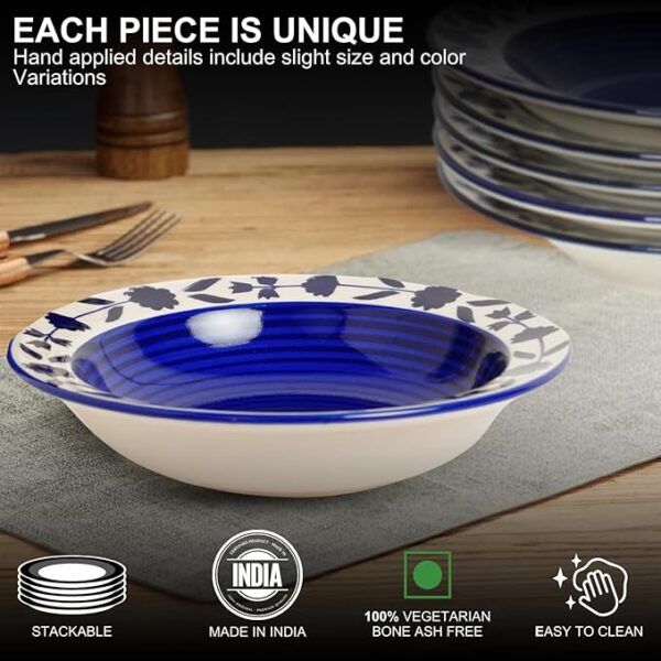 Freakway Hand-Painted Floral Blue Ceramic Pasta Plate | Snack Plate | Soup Plate Set of 2-7 Inch Microwave Oven Safe
