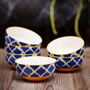 Freakway Hand-Painted Moroccan Blue & Yellow Glossy Ceramic Bowl Set of 6 (180ml) | Small Serving Soup Bowls, Cereal Bowl, Pasta Bowls | Dishwasher & Microwave Safe - Multicolor