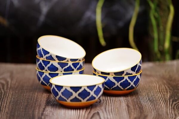Freakway Hand-Painted Moroccan Blue & Yellow Glossy Ceramic Bowl Set of 6 (180ml) | Small Serving Soup Bowls, Cereal Bowl, Pasta Bowls | Dishwasher & Microwave Safe - Multicolor