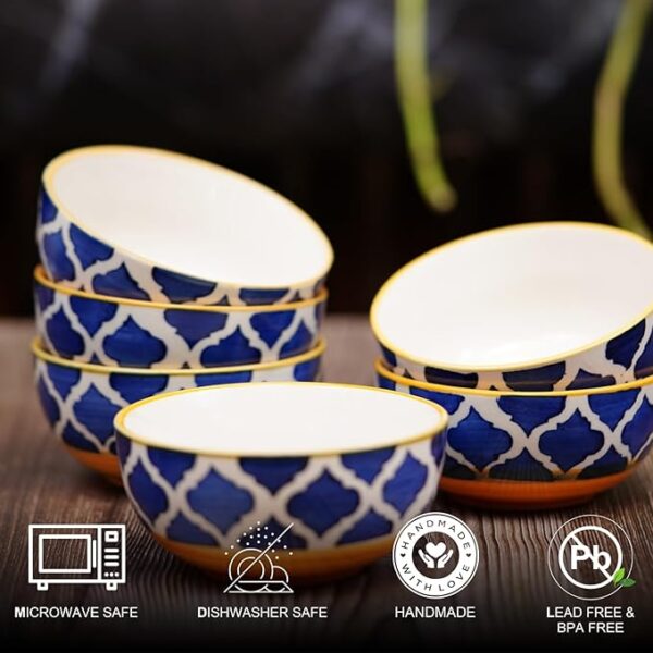 Freakway Hand-Painted Moroccan Blue & Yellow Glossy Ceramic Bowl Set of 6 (180ml) | Small Serving Soup Bowls, Cereal Bowl, Pasta Bowls | Dishwasher & Microwave Safe - Multicolor