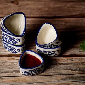 Freakway Handpainted Floral Studio Pottery Ceramic Dip Bowl/Chutney Bowl/Pickle Bowl/Sauce Bowl/Small Katori Set | Triangle Shape |(50 ML, Small, Set of 6, Blue and White)