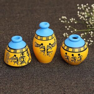 Freakway ‘Warli’ Yellow Hand-Painted Terracotta Pots Vases for Home Decor | Flower Vase, Terracotta Decorative Showpiece Earthenware | Miniature Pots Artifacts for Living Room - (Set of 3)