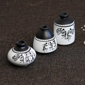 Freakway Warli Hand-Painted Terracotta Pots Vases for Living Room & Home Decorative Miniature Showpiece Artifact Set (7.1 x 7.1 x 9.7 cm, Yellow, Set of 3,) Best for New Year/Diwali Gift-Yellow-White