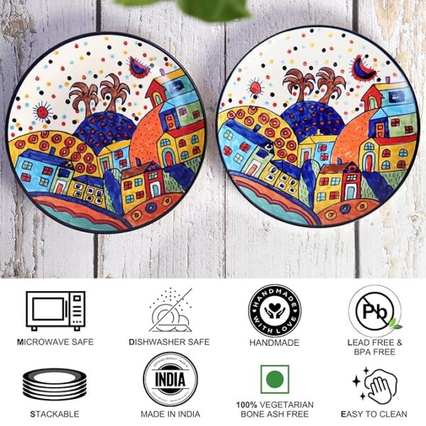 Freakway Hut Dining Hand-Painted Stoneware Premium Ceramic 7-inch Quarter Plate Set of 2 Pcs | Bone Ash Free | Microwave and Dishwasher Safe - Multicolor