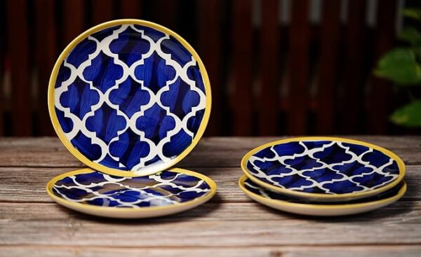 Freakway Hand-painted Stoneware Moroccan Premium Ceramic 7-inch Quarter/Small Plate Set of 4 Pcs | Bone Ash Free | Microwave and Dishwasher Safe - Blue