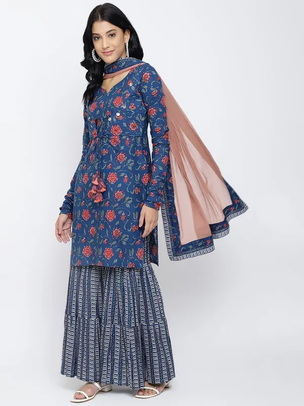 Blue Cotton Floral Kurta