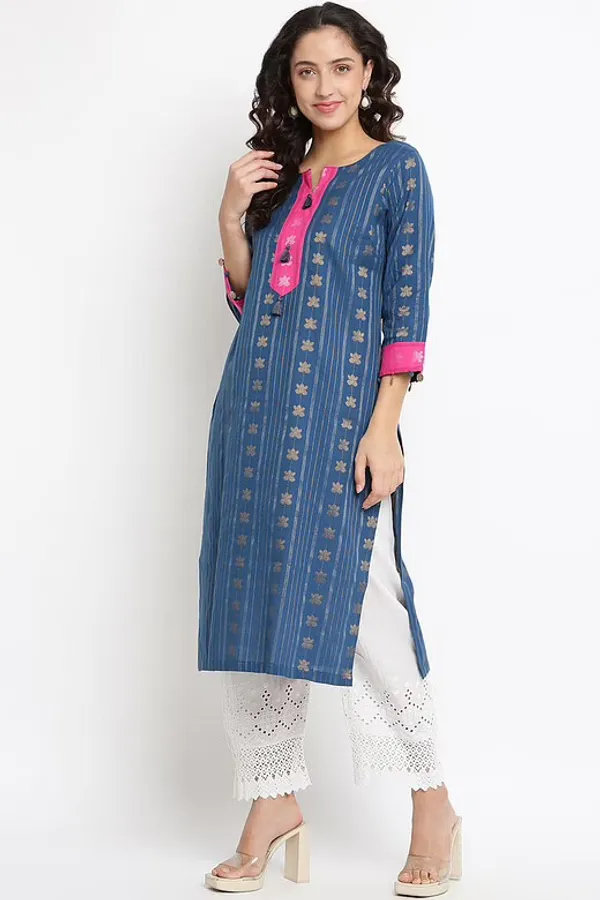 Blue Handloom Lotus Print Cotton kurta
