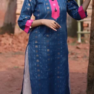 Blue Handloom Lotus Print Cotton kurta