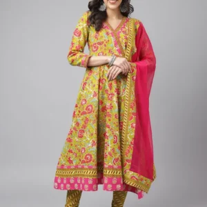 Anarkali Cotton Kurta with dupatta And trousers