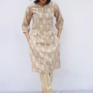Brown Foil print Kurta Set