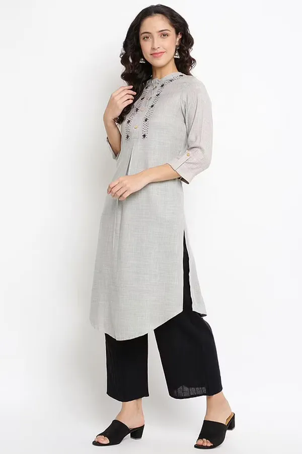 Grey Lenin Kurta with hand embellishment