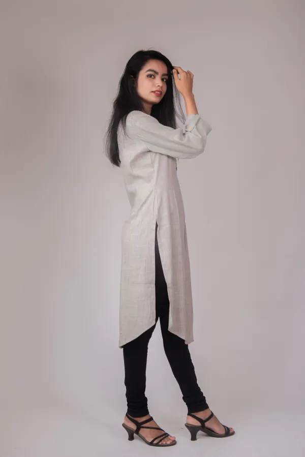 Grey Lenin Kurta with hand embellishment