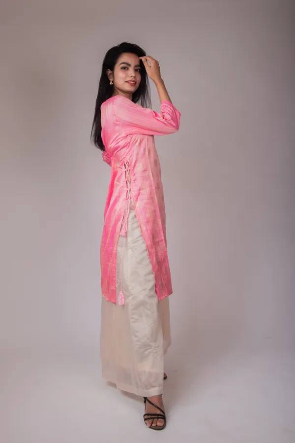 Pink Foil Print Manipuri Silk Kurta