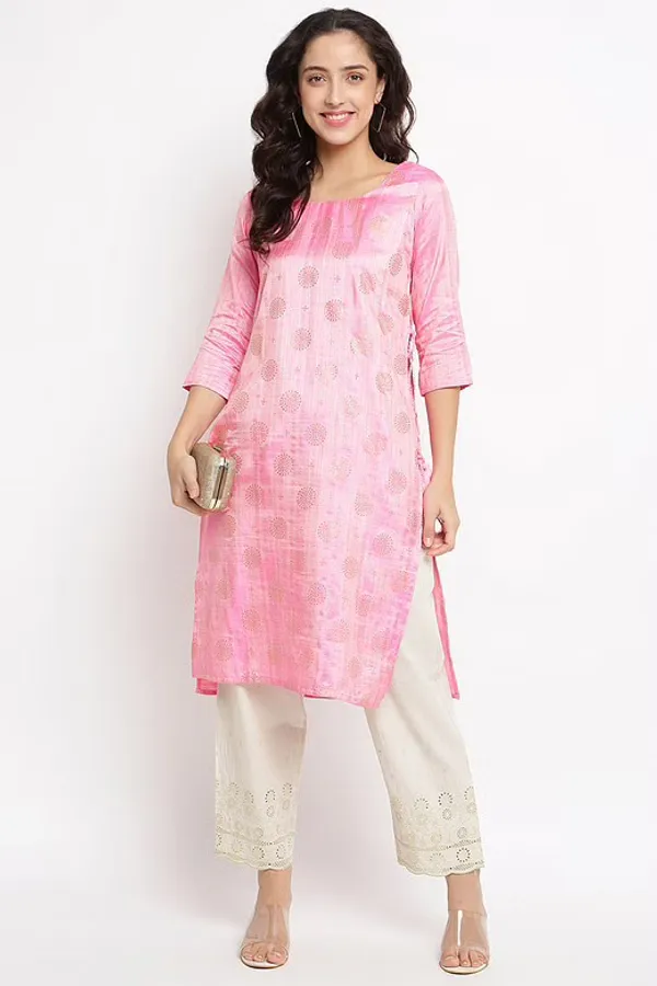Pink Foil Print Manipuri Silk Kurta