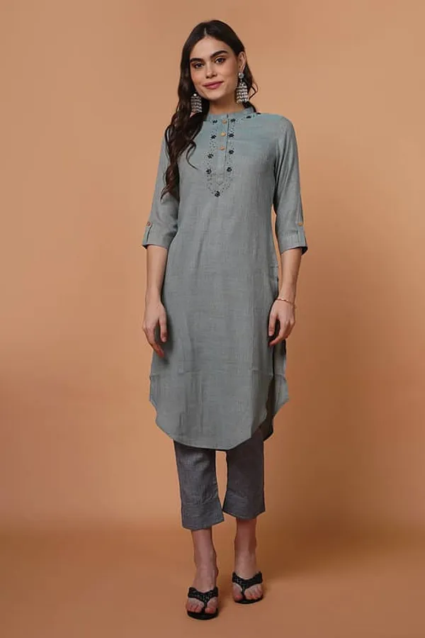 Grey Linen Kurta with hand embellishment