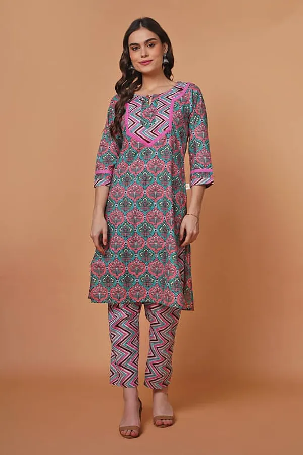 Pink Cotton Printed Kurta Set