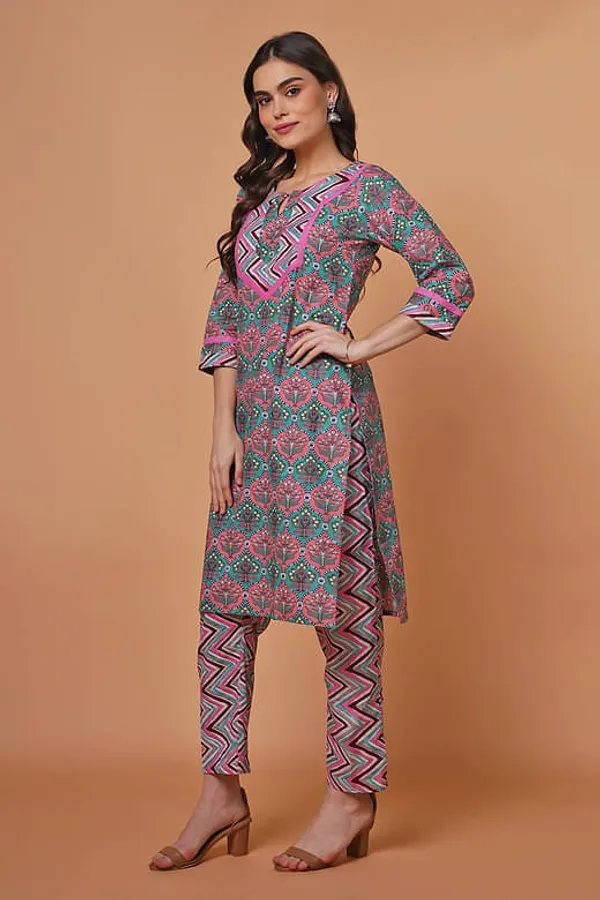 Pink Cotton Printed Kurta Set