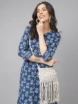 Blue Cotton Kantha Design straight Kurta