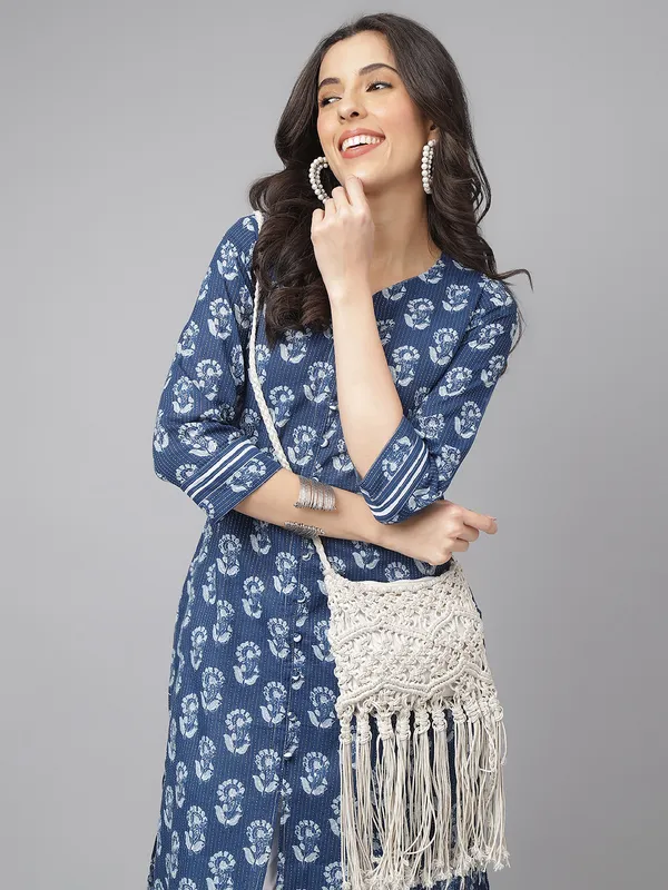 Blue Cotton Kantha Design straight Kurta