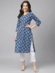 Blue Cotton Kantha Design straight Kurta