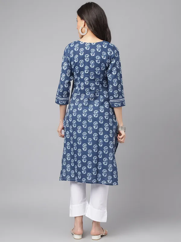 Blue Cotton Kantha Design straight Kurta