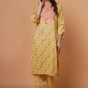 Yellow Rayon Foil Print Kurta Set